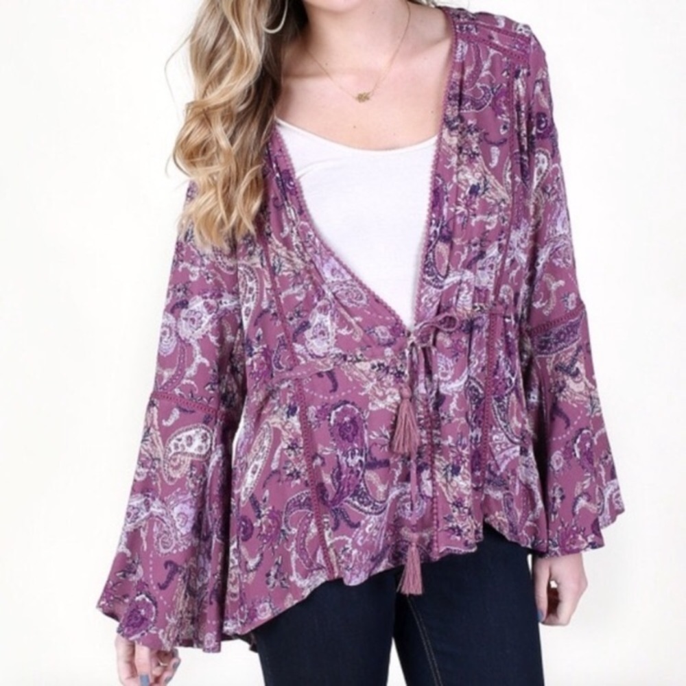 Altar’d State Purple Paisley Boho Tie-Front Top M